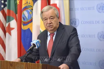 Tổng Thư ký LHQ Antonio Guterres phát biểu trong cuộc họp báo tại New York, Mỹ. Ảnh: Kyodo/TTXVN phát