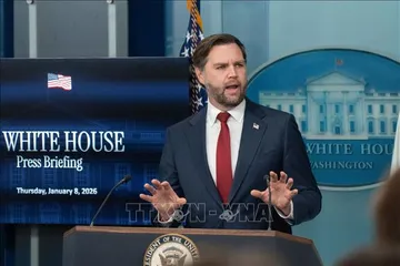 Phó Tổng thống Mỹ JD Vance phát biểu tại cuộc họp báo ở Nhà Trắng, Washington, D.C. Ảnh: THX/TTXVN