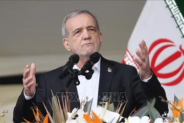 Tổng thống Iran Masoud Pezeshkian phát biểu tại Tehran. Ảnh: THX/TTXVN