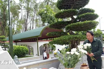 Phó Chủ tịch Trung ương Hội Cựu Thanh niên xung phong Việt Nam Thân Đức Nam thành kính dâng hoa tại Khu mộ 10 nữ anh hùng liệt sỹ thanh niên xung phong ở Ngã ba Đồng Lộc. (Ảnh: Hữu Quyết/TTXVN)