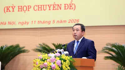 Đồng chí Trần Đức Thắng, Ủy viên Bộ Chính trị, Bí thư Thành ủy Hà Nội phát biểu tại kỳ họp thứ 2 của HĐND TP Hà Nội. Ảnh: BẢO CHI