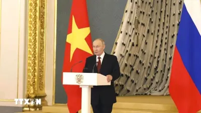 Tổng thống Liên bang Nga Vladimir Putin phát biểu. Ảnh: Thống Nhất/TTXVN