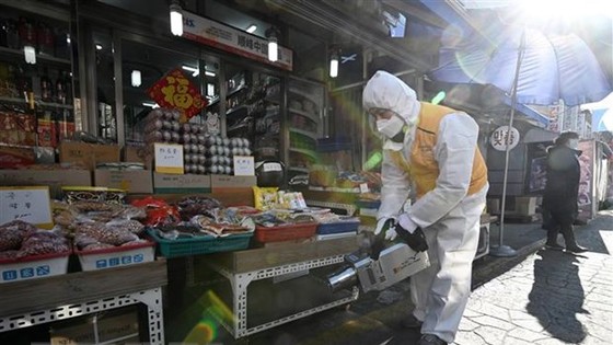 Phun thuốc khử trùng nhằm ngăn chặn sự lây lan của COVID-19 tại khu chợ ở Seoul, Hàn Quốc, ngày 5/2/2020. (Nguồn: AFP/TTXVN)
