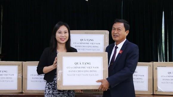 Trinh Thi Tam (L) from the Vietnamese Embassy symbolically hands over face masks to Vice Chairman of the General Association of Vietnamese People in Laos Pham Van Hung on November 28 (Photo: VNA)