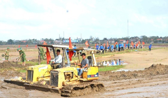 Quang Tri Province mobilized forces to clear up the sand and soil to fill the fields after the floods.
