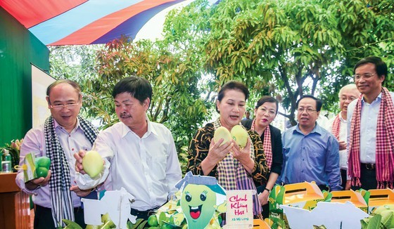 Chủ tịch Quốc hội Nguyễn Thị Kim Ngân (thứ 3 từ trái qua) ấn tượng với sản phẩm xoài của mô hình “cây xoài nhà tôi” của Đồng Tháp.