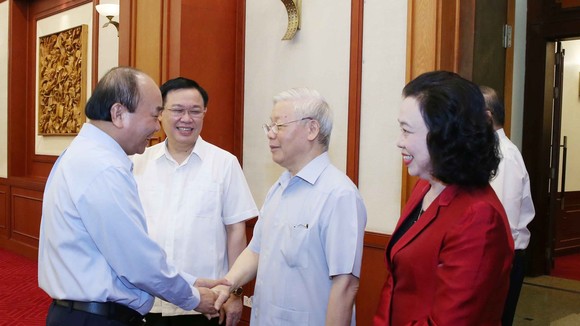 Tổng Bí thư, Chủ tịch nước Nguyễn Phú Trọng tại buổi làm việc của tập thể Bộ Chính trị với Ban Thường vụ Thành ủy Hà Nội. Ảnh: TTXVN