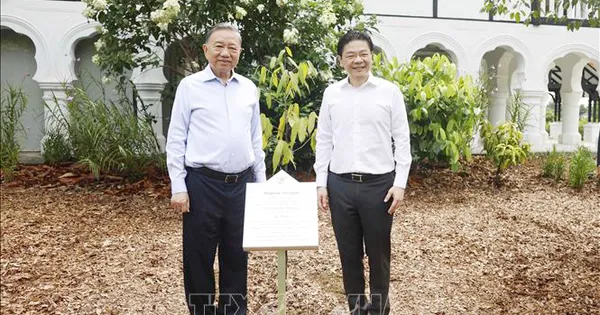 Tổng Bí thư, Chủ tịch nước Tô Lâm và Thủ tướng Lawrence Wong trồng cây tại Vườn Bách thảo Singapore