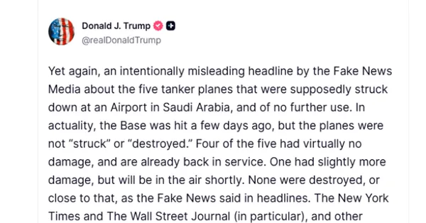 Tổng thống Donald Trump bác tin 5 máy bay tiếp dầu Mỹ bị phá hủy