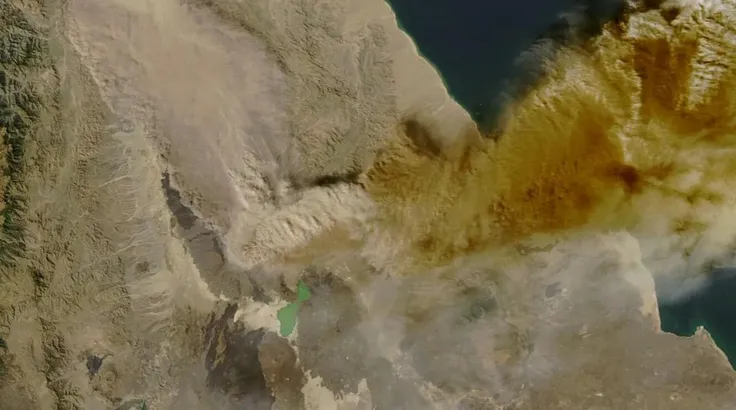 Hình ảnh vệ tinh cho thấy tro bụi bốc lên từ vụ phun trào của núi lửa Hayli Gubbi ở Ethiopia khi trôi qua Biển Đỏ. Ảnh: trtworld