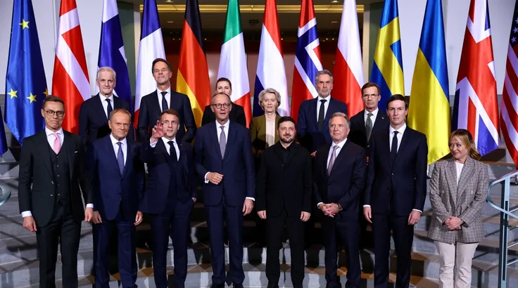 Cuộc gặp giữa Tổng thống Ukraine Volodymyr Zelensky, các đặc phái viên Mỹ và các nhà lãnh đạo châu Âu chủ chốt ở Đức ngày 15-12. Ảnh: Reuters