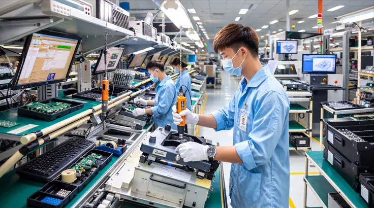 Công nhân Công ty TNHH Datalogic Việt Nam (Khu Công nghệ cao TPHCM) làm việc trên dây chuyền sản xuất thiết bị điện tử (ẢNH: HOÀNG HÙNG)
