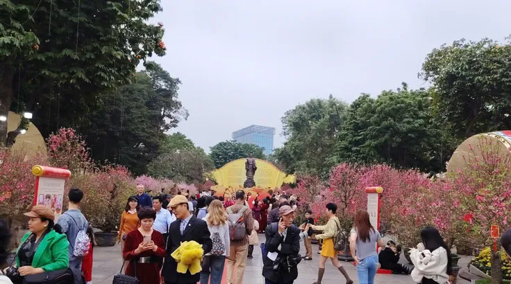 Vườn đào bên tượng đài Vua Lý Thái Tổ hồ Gươm thu hút du khách