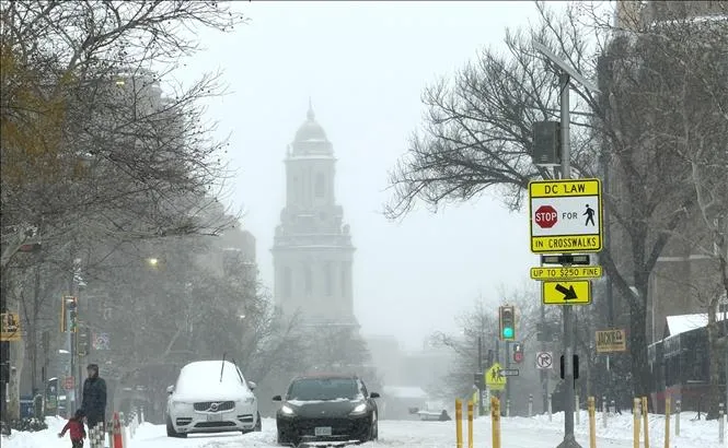 Thủ đô Washington DC phủ trắng trong cơn bão tuyết ngày 25-1. Ảnh: TTXVN