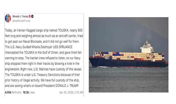 Tàu Touska của Iran và bài viết liên quan của Tổng thống Mỹ Donald Trump trên mạng xã hội Truth Social. Ảnh: MarineTraffic/chụp màn hình