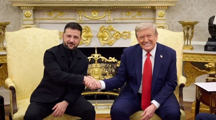 Tổng thống Mỹ Donald Trump trong cuộc gặp Tổng thống Ukraine Volodymyr Zelensky, tại Washington, D.C., ngày 19-8-2025. Ảnh: Anadolu Agency/TTXVN