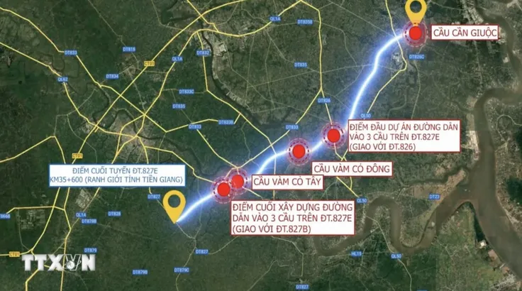 Phối cảnh tổng thể tuyến đường ĐT.827E kết nối TPHCM đi qua các xã Cần Giuộc, Cần Đước, Tân Trụ (tỉnh Tây Ninh) và Châu Thành (tỉnh Đồng Tháp). (Ảnh: Đức Hạnh/TTXVN) 