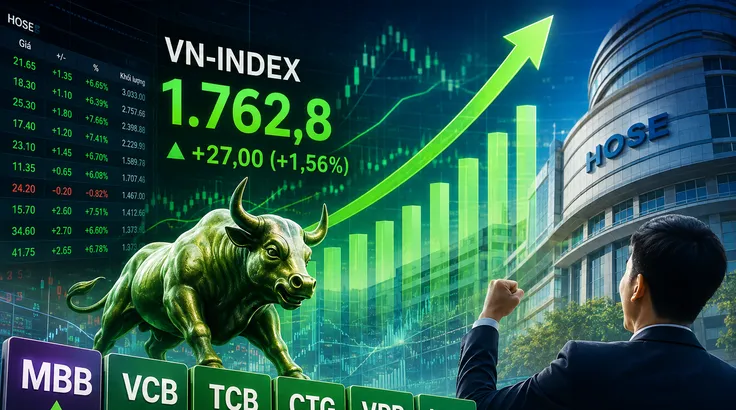 VN Index bứt phá 27 điểm, ngân hàng dẫn sóng