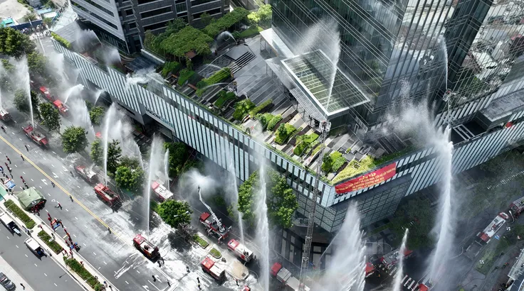 Diễn tập chữa cháy ở tòa nhà Saigon Centre, 26-7-2023. Ảnh: HOÀNG HÙNG