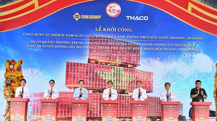 Các đồng chí lãnh đạo, nguyên lãnh đạo Đảng, Nhà nước và TPHCM, cùng đại biểu thực hiện nghi thức khởi công dự án. Ảnh: VIỆT DŨNG