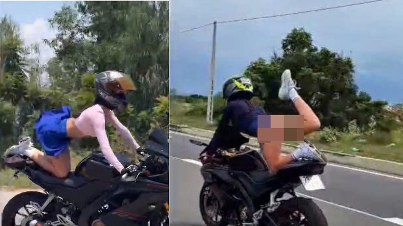 一名外籍女子在摩托车上“表演杂技”的画面。视频截图