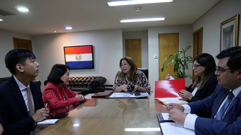 越南驻阿根廷兼驻巴拉圭大使吴明月与巴拉圭外交部多边政策总司长尼米娅·达·席尔瓦·博舍尔特交谈。图：越通社