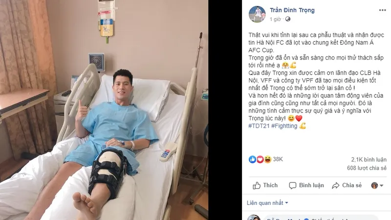 Đình Trọng bày tỏ trên trang cá nhân sau khi phẫu thuật thành công tại Singapore.