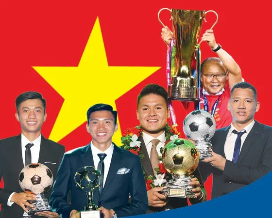 Các cầu thủ được tôn vinh tại lễ trao giải Quả bóng vàng 2018. Ảnh: HOÀNG HÙNG- Infographic: THÁI AN