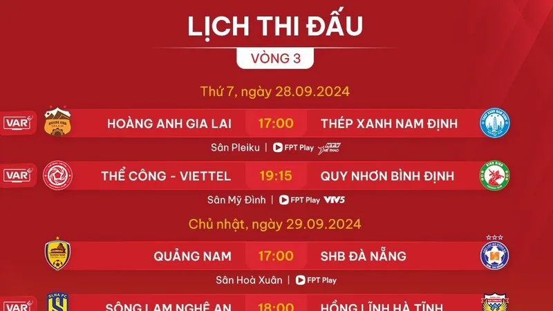 Lịch thi đấu vòng 3 V-League 2024-2025