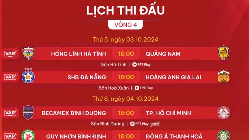 Lịch thi đấu vòng 4 V-League 2024-2025