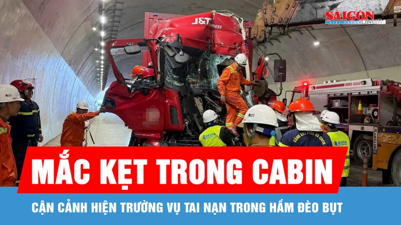 Tai nạn giao thông trong hầm Đèo Bụt, 2 người mắc kẹt trong cabin xe tải