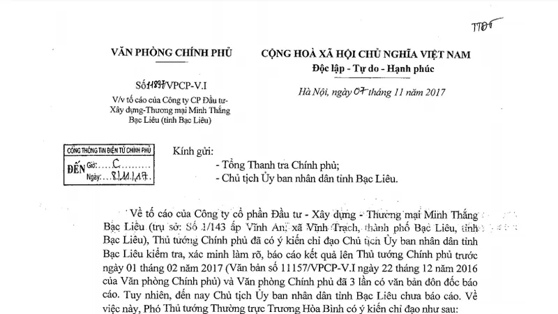 Chủ tịch UBND tỉnh Bạc Liêu bị phê bình vì không báo cáo việc tố cáo của doanh nghiệp