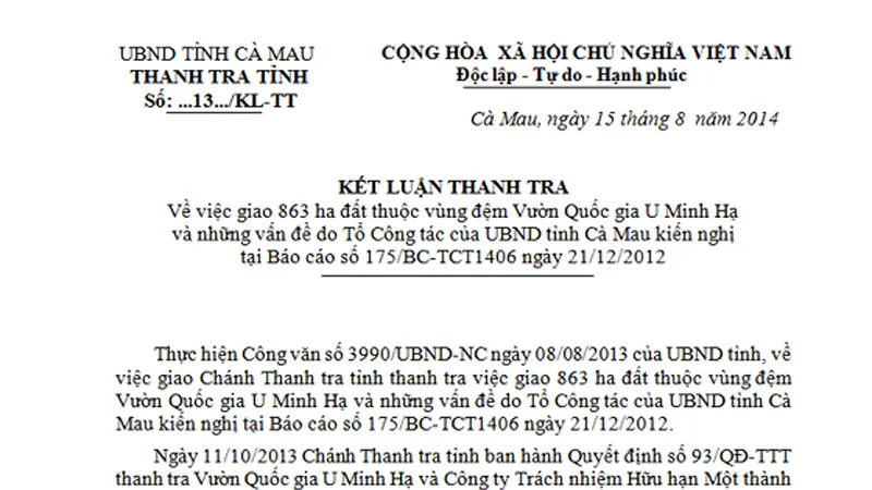 Kết luận số 13/2014 của Thanh tra tỉnh Cà Mau được cho là nguồn cơn dẫn đến công sơn làm giả công văn