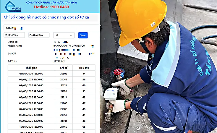 Nhân viên Công ty CP Cấp nước Tân Hòa kiểm tra đồng hồ nước tại nhà khách hàng