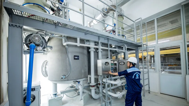 Công nhân Nhà máy nước Thủ Đức kiểm tra hệ thống máy móc tại nhà máy (ẢNH: ĐINH BÍCH)