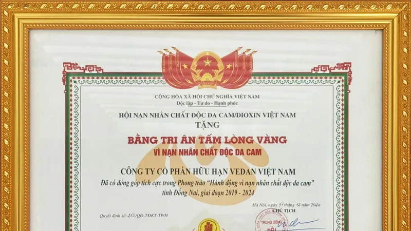 Công ty Vedan Việt Nam nhận bằng tri ân của Trung ương hội nạn nhân chất độc da cam/dioxin 
