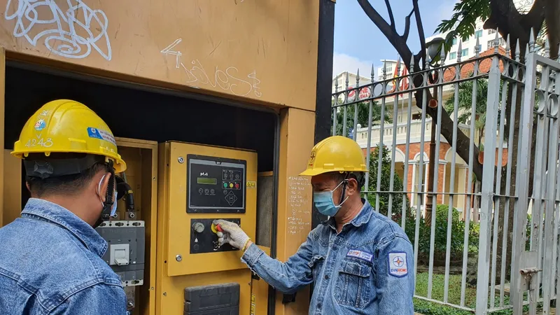 Công nhân EVNHCMC kiểm tra hệ thống điện dự phòng phục vụ họp Quốc hội trực tuyến