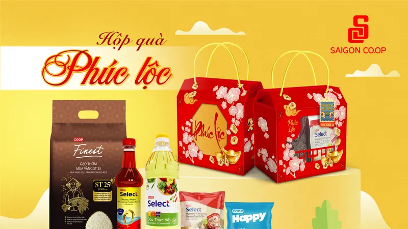 Hộp quà Phúc lộc chỉ 159.000đ được phối trọn bộ sản phẩm thiết yếu, phù hợp nhu cầu quà tặng thiết thực mùa cao điểm