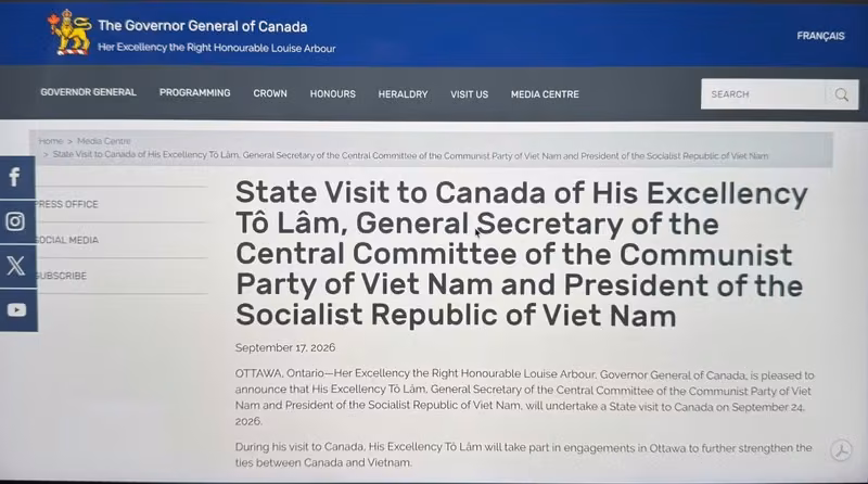 加拿大总督府日前发布公告重申，越南是加拿大在印度洋—太平洋地区的重要伙伴。屏幕截图