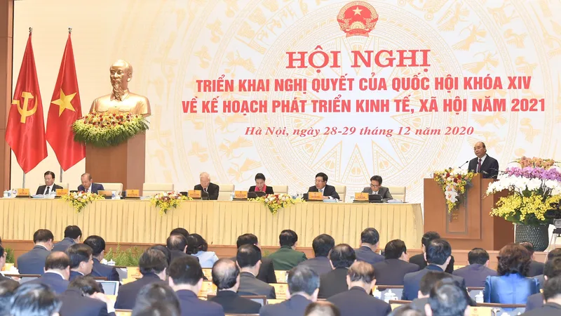 Hội nghị Chính phủ triển khai nhiệm vụ năm 2021 ngày 28-12. Ảnh: QUANG PHÚC