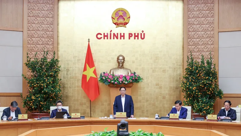Thủ tướng Phạm Minh Chính chủ trì và phát biểu tại Phiên họp Chính phủ thường kỳ, sáng 28-1. Ảnh: VIẾT CHUNG ​
