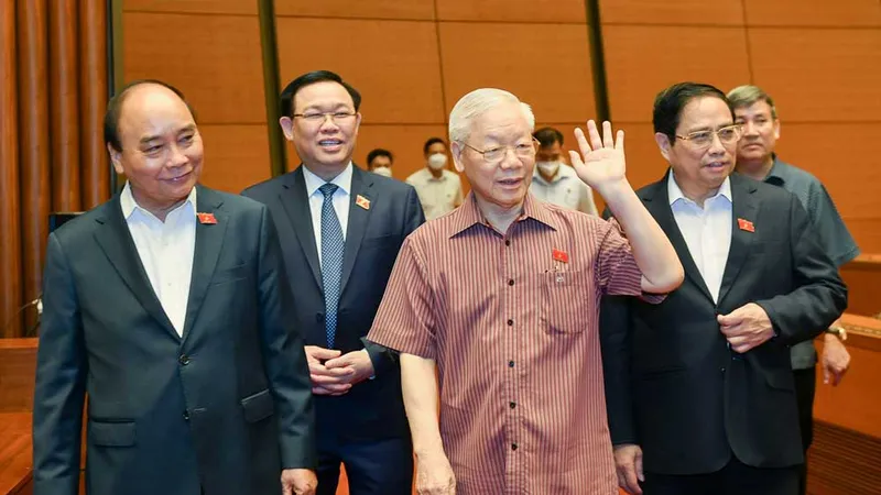 Tổng Bí thư Nguyễn Phú Trọng, Chủ tịch nước Nguyễn Xuân Phúc, Thủ tướng Phạm Minh Chính, Chủ tịch Quốc hội Vương Đình Huệ dự phiên họp Quốc hội ngày 26-5. Ảnh: QUANG PHÚC
