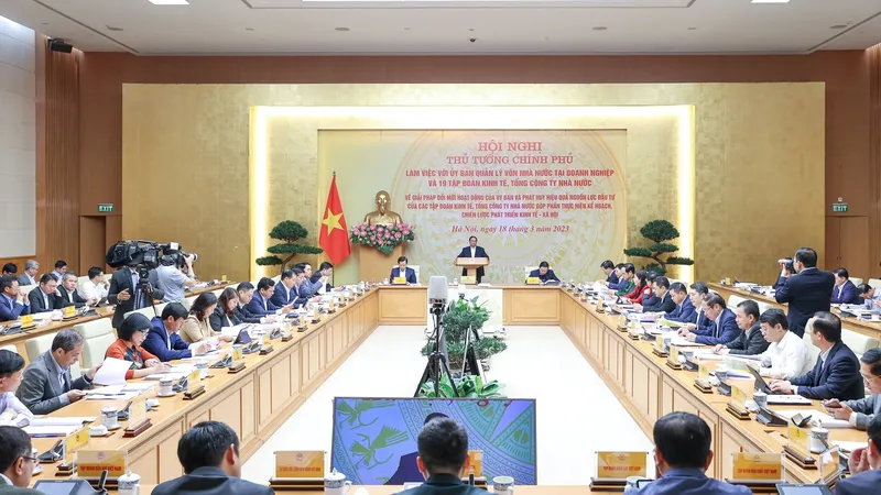 Thủ tướng Phạm Minh Chính làm việc với Ủy ban Quản lý vốn Nhà nước tại doanh nghiệp và các tập đoàn kinh tế, tổng công ty nhà nước. Ảnh: VIẾT CHUNG