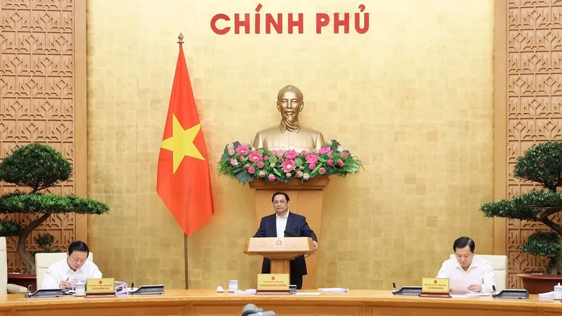 Thủ tướng Phạm Minh Chính chủ trì và phát biểu tại Phiên họp Chính phủ thường kỳ, sáng 5-5. Ảnh: VIẾT CHUNG