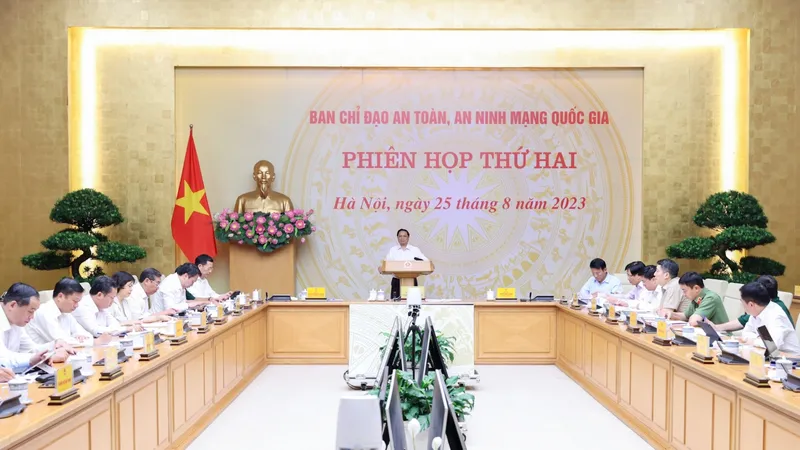 Thủ tướng Phạm Minh Chính phát biểu tại phiên họp Ban chỉ đạo an toàn, an ninh mạng quốc gia lần thứ hai. Ảnh: VIẾT CHUNG