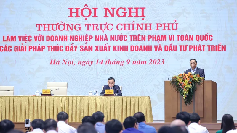 Thủ tướng Phạm Minh Chính chủ trì hội nghị của Thường trực Chính phủ làm việc với DNNN, sáng 14-9. Ảnh: VIẾT CHUNG