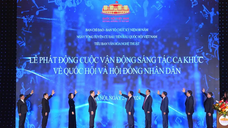 Chủ tịch Quốc hội Vương Đình Huệ cùng các đại biểu ấn nút chính thức phát động cuộc vận động