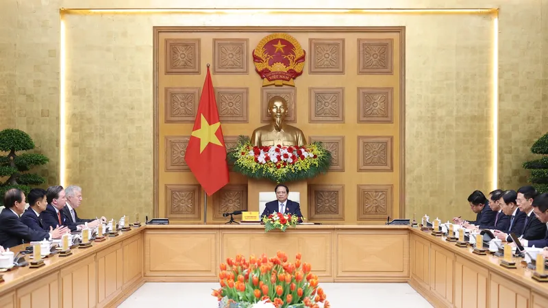 Thủ tướng Phạm Minh Chính tiếp đoàn doanh nghiệp Hội đồng Kinh doanh Hoa Kỳ - ASEAN. Ảnh: VIẾT CHUNG