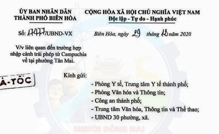 Biên Hòa thông báo hỏa tốc về trường hợp nhập cảnh trái phép