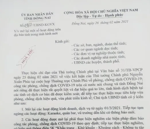 Đồng Nai cho phép mở lại một số hoạt động